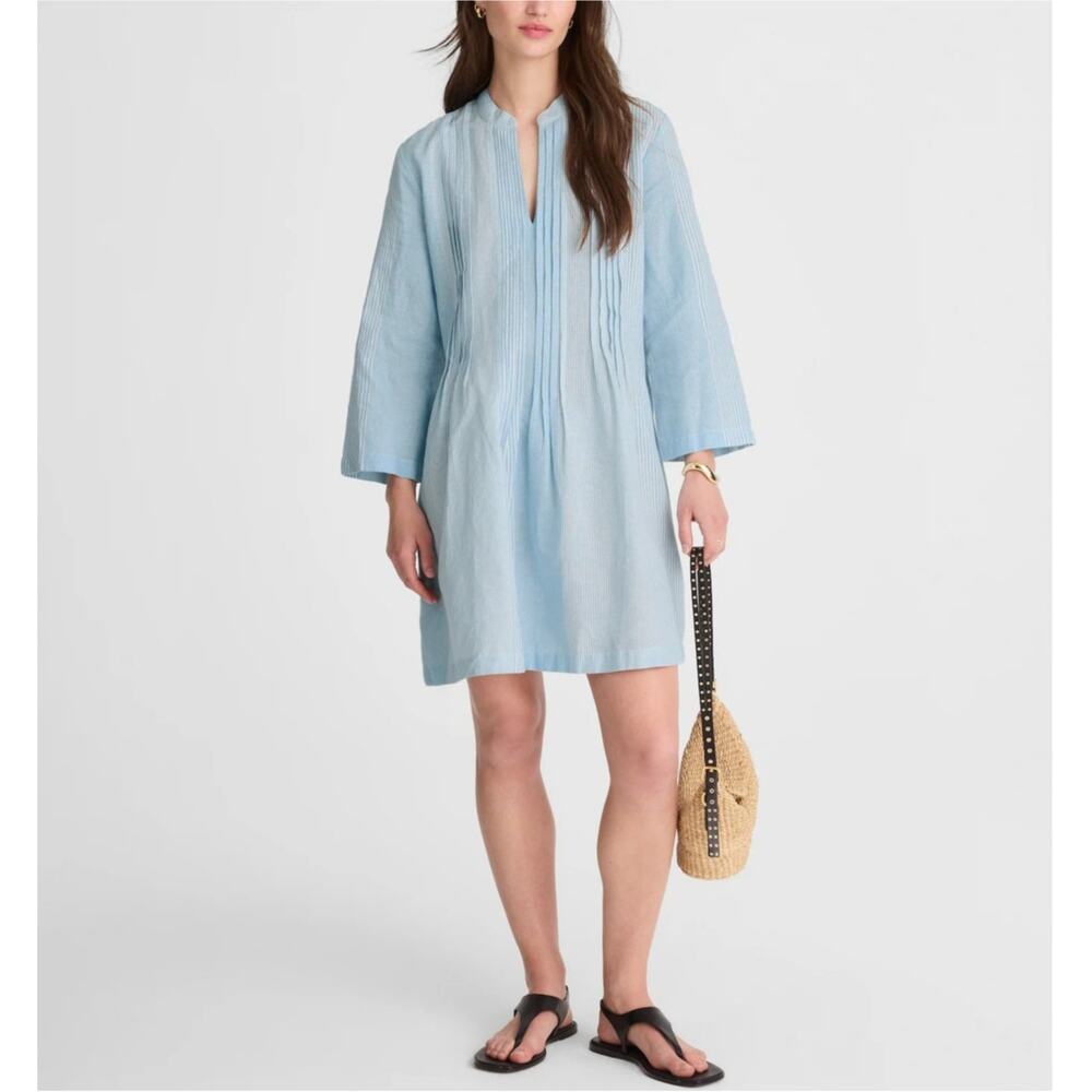 NWT Madewell Pleated Split neck Mini Shirtdress Blue White Stripe Womens Size XS